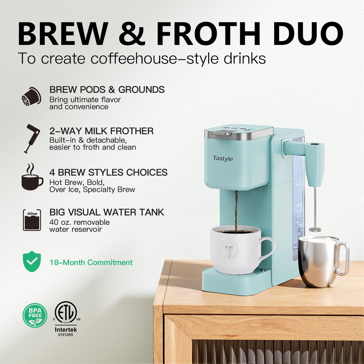 Tastyle coffee maker built-in milk frother for creamy drinks