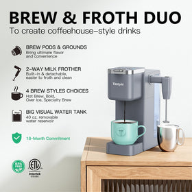 Tastyle coffee maker features a detachable milk frother for café‑style froth at home.