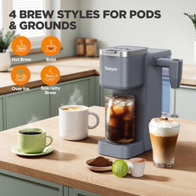 Tastyle model demonstrating an iced coffee preparation with the built‑in frother.