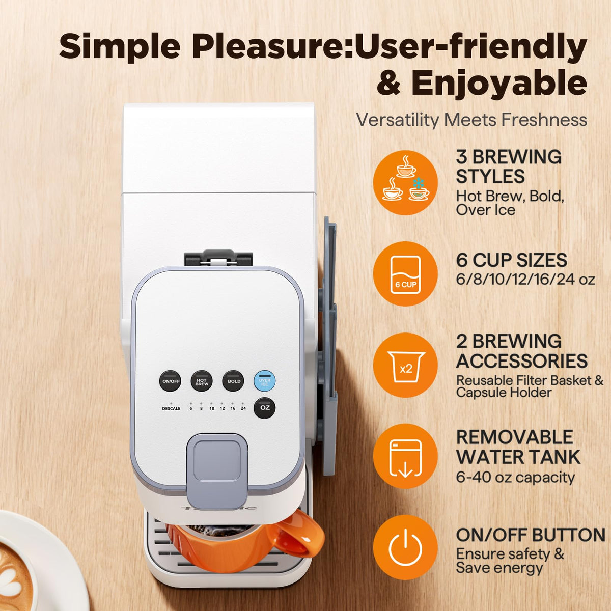 Tastyle 40oz removable water tank for multiple cups before refilling.