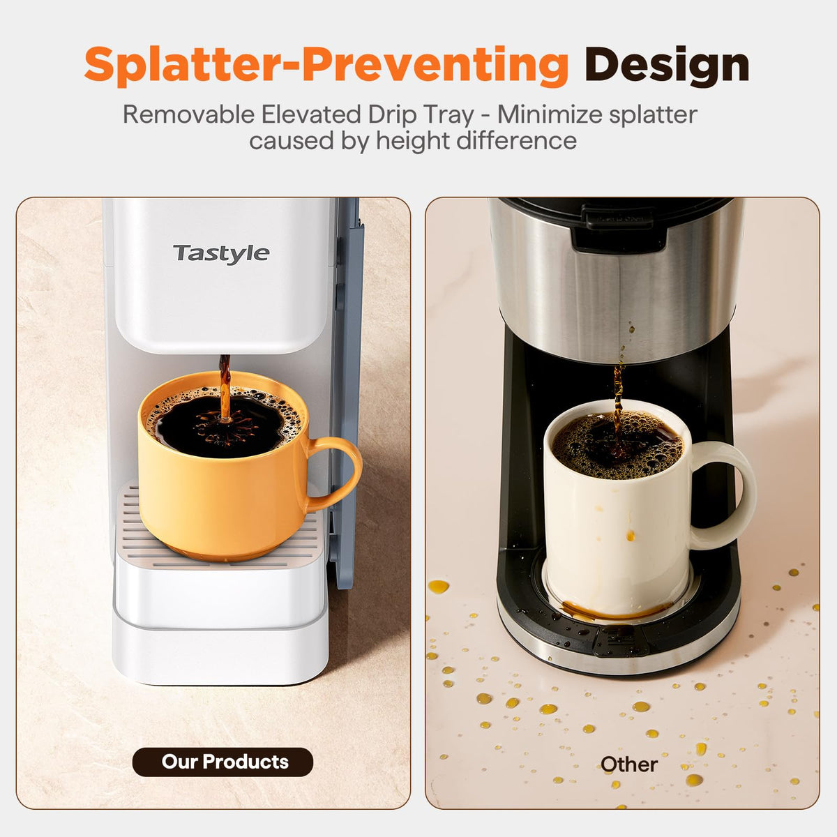 Removable drip tray prevents splatter and fits tall mugs.