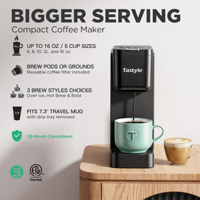 Tastyle coffee maker on counter with tall 7.3 inch travel mug