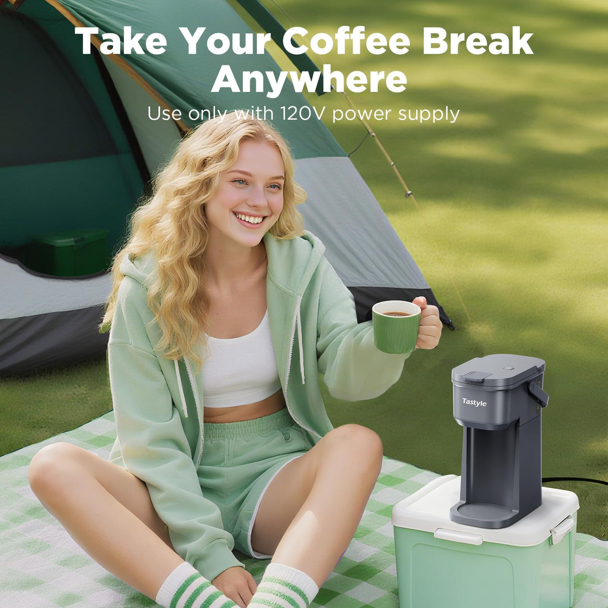 Tastyle compact coffee maker shown in a dorm or office setup.