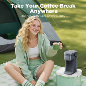 Tastyle compact coffee maker shown in a dorm or office setup.