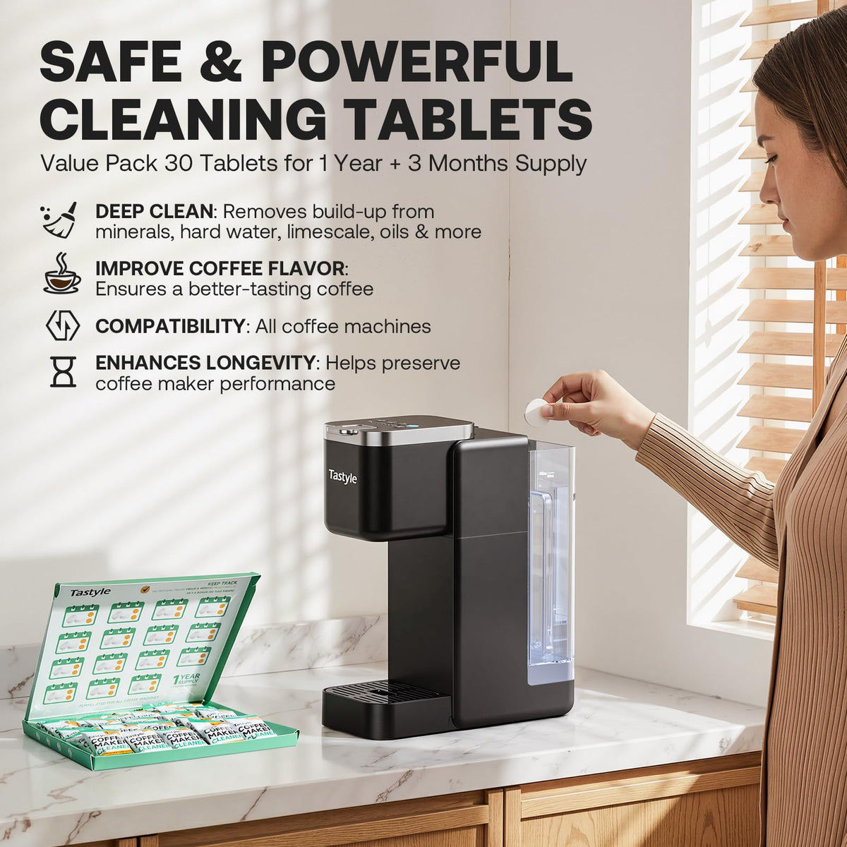 Individually wrapped Tastyle tablet protecting freshness for consistent cleaning