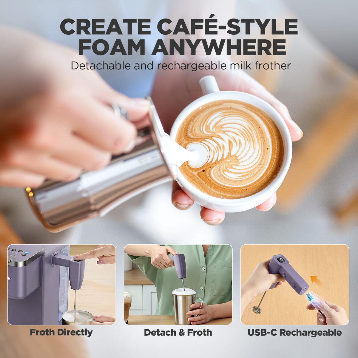 Tastyle detachable milk frother ready to froth for creamy drinks