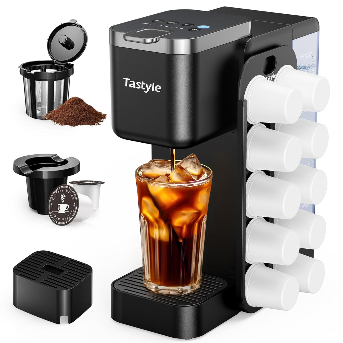 Tastyle coffee maker with magnetic K-Pod organizer on the side for quick pod access.