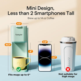 Tastyle Mini coffee maker 6-14 oz brew size shows adjustable portions.