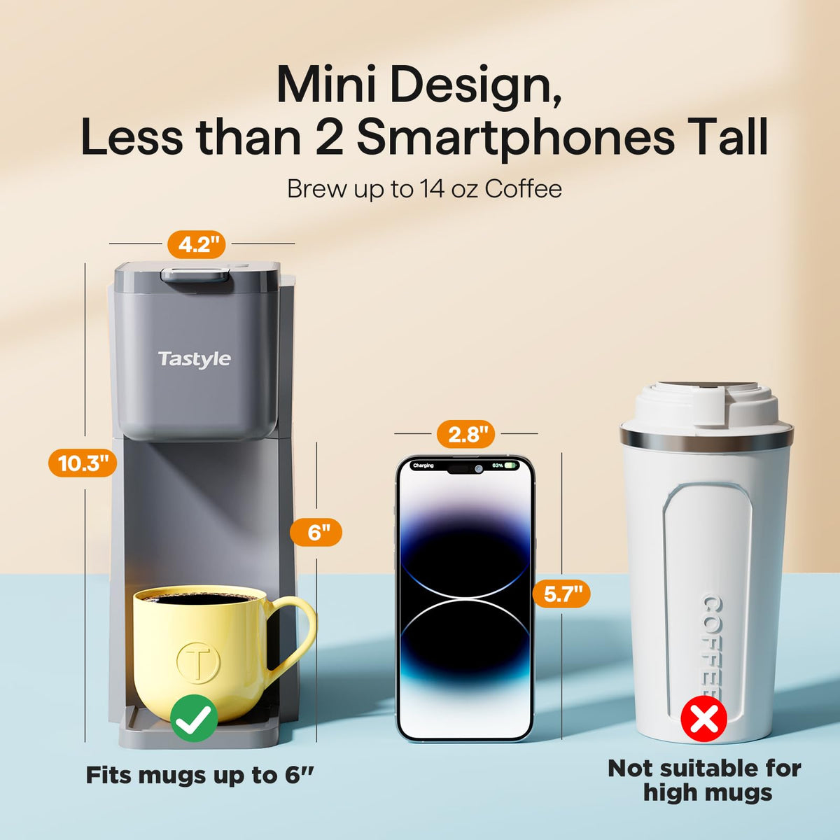 Tastyle Mini Coffee Maker 6-14 oz brew size adapts to single servings and larger cups.