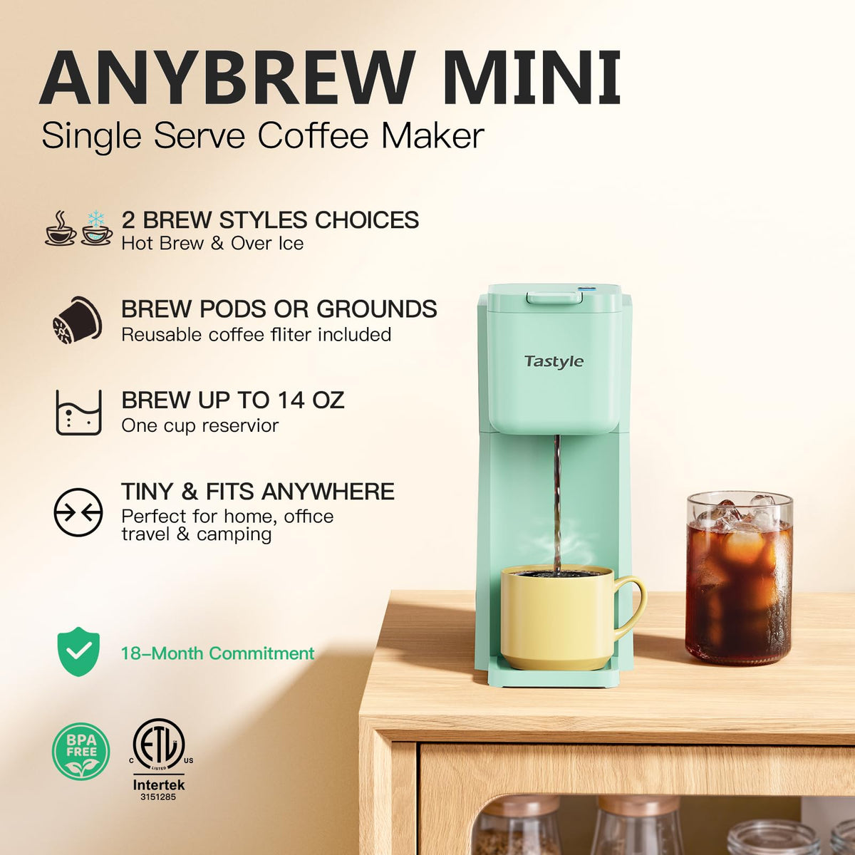 Tastyle Mini coffee maker iced brew visual highlights quick cold coffee option.