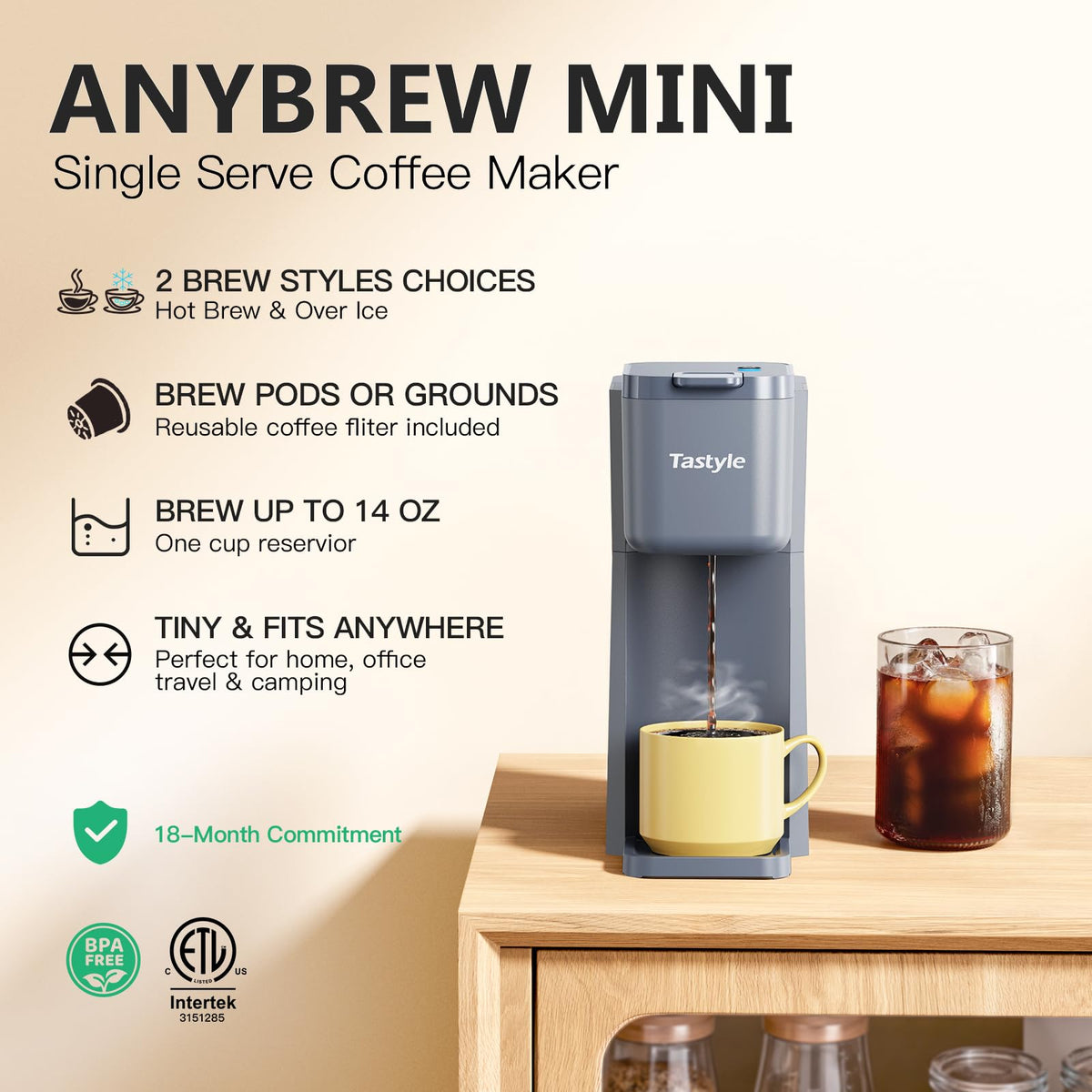Tastyle Mini Coffee Maker offers hot or iced brew in one compact unit for quick beverages.