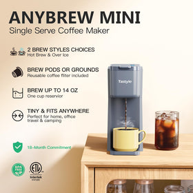 Tastyle Mini Coffee Maker offers hot or iced brew in one compact unit for quick beverages.
