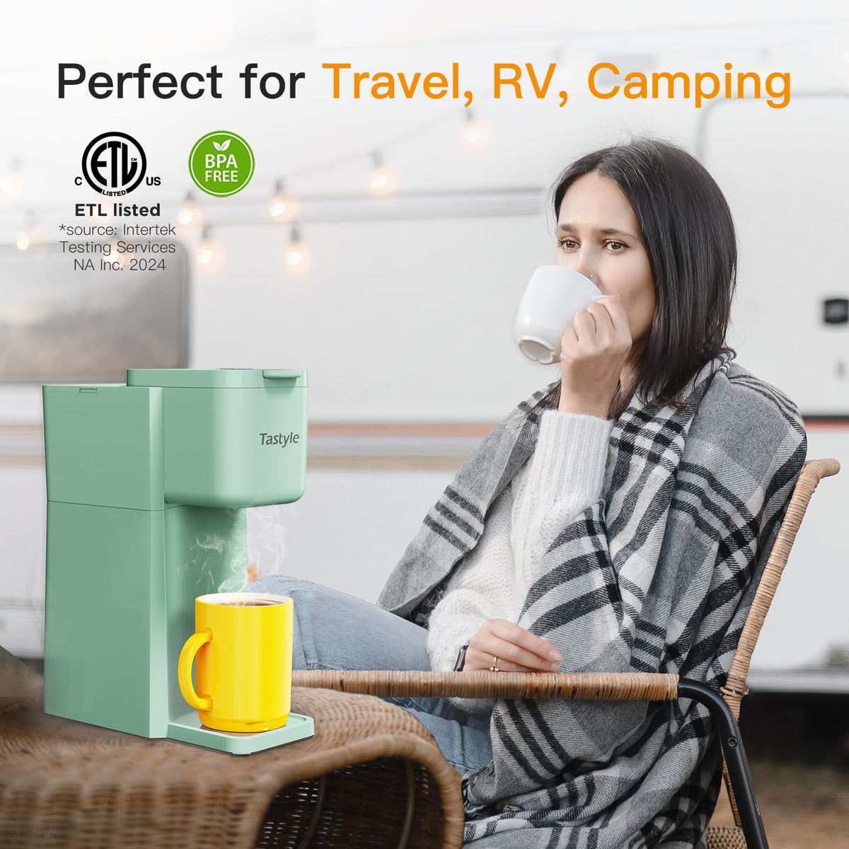 Tastyle Mini water-tank usage visual; brew on demand for fresh flavor.