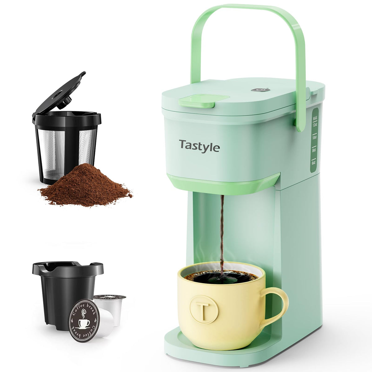 Tastyle Oasis single-serve coffee maker with portable handle, ideal for travel and small spaces.