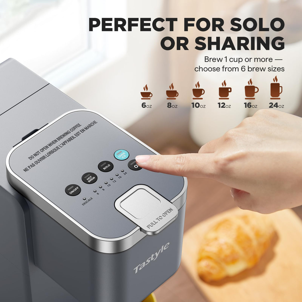 Tastyle removable drip tray shown at two heights for reduced splashes