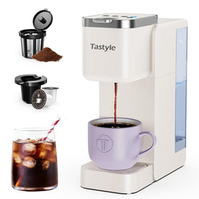 Tastyle single-serve coffee maker beige front view for compact countertops