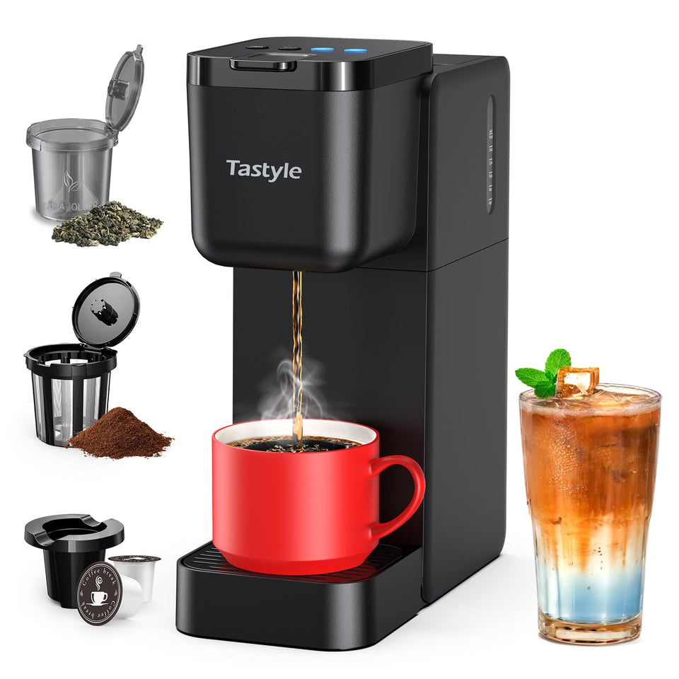 Tastyle single-serve coffee maker front view shows compact design for small spaces