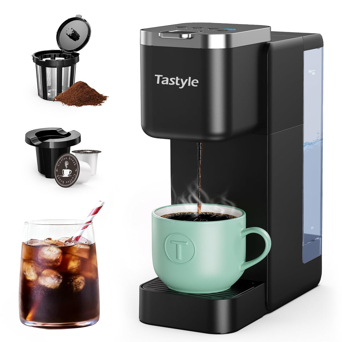 Tastyle single-serve coffee maker front view, compact design for small kitchens