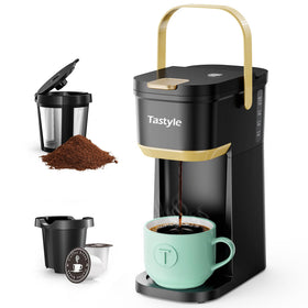 Tastyle single-serve coffee maker with portable handle for travel convenience