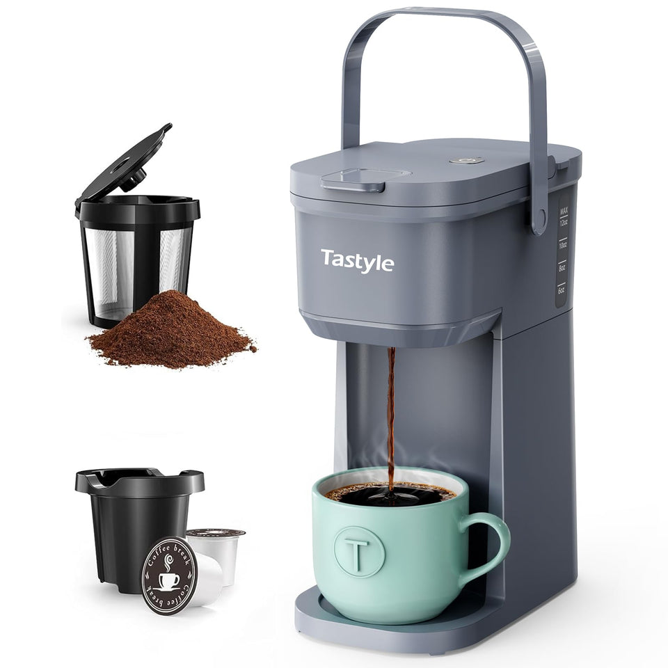 Tastyle single-serve coffee maker with portable handle for easy on-the-go brewing.