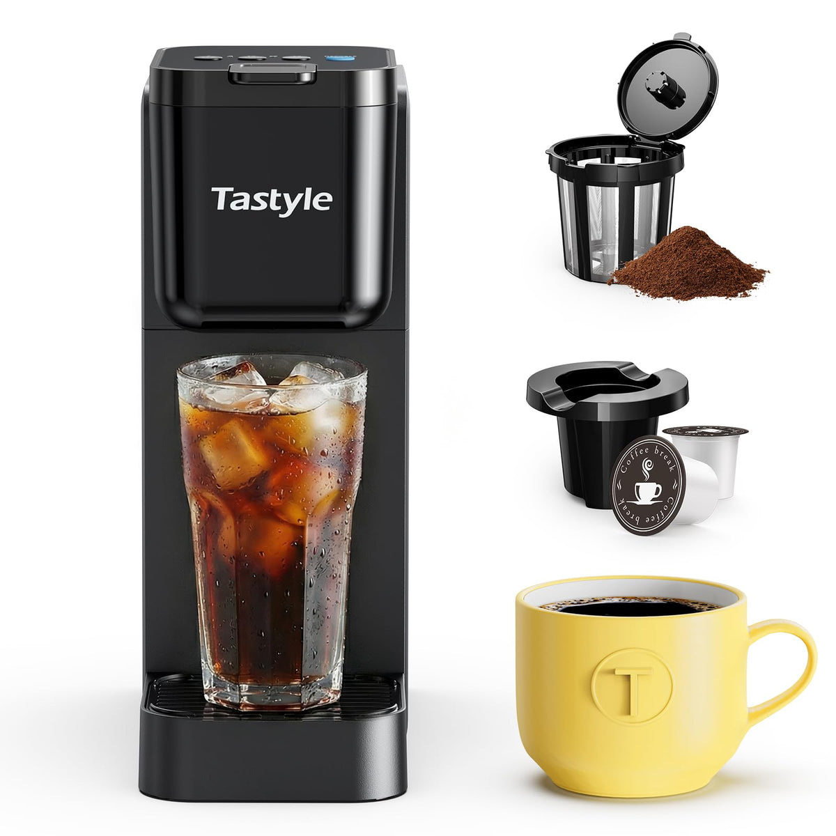 Tastyle single-serve coffee maker ready to brew 16 oz with K-Cup or ground coffee for home or office
