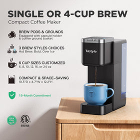 Tastyle system with capsule holder in use for quick hot brew in mornings