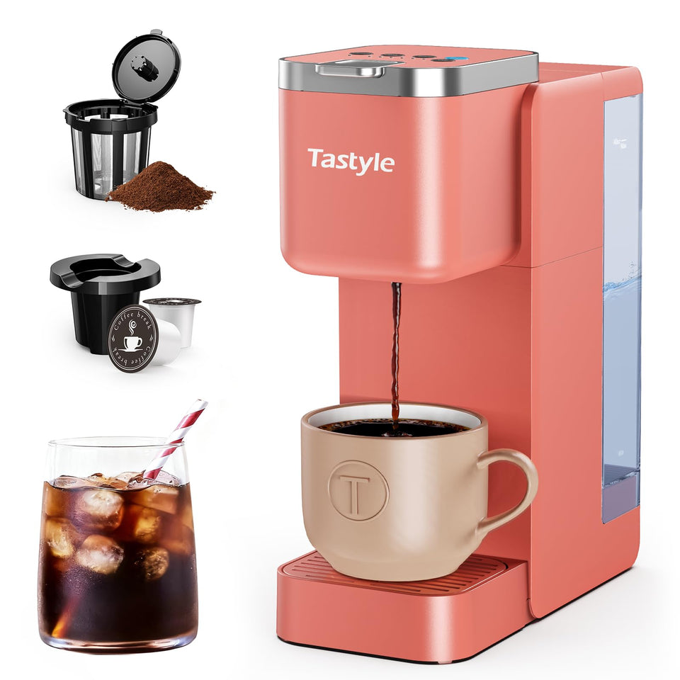 Tastyle single-serve coffee maker in salmon color, compact design.