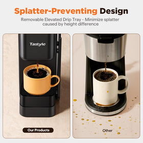 Tastyle splatter-preventing, removable drip tray accommodates tall mugs.