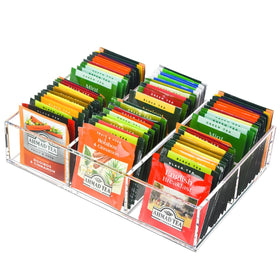 Tasybox six-slot tea bag organizer on a countertop for quick access