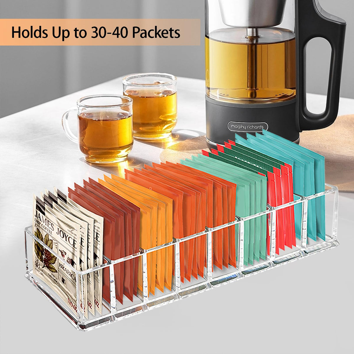 Front view of Tasybox tea bag organizer showing eight compartments