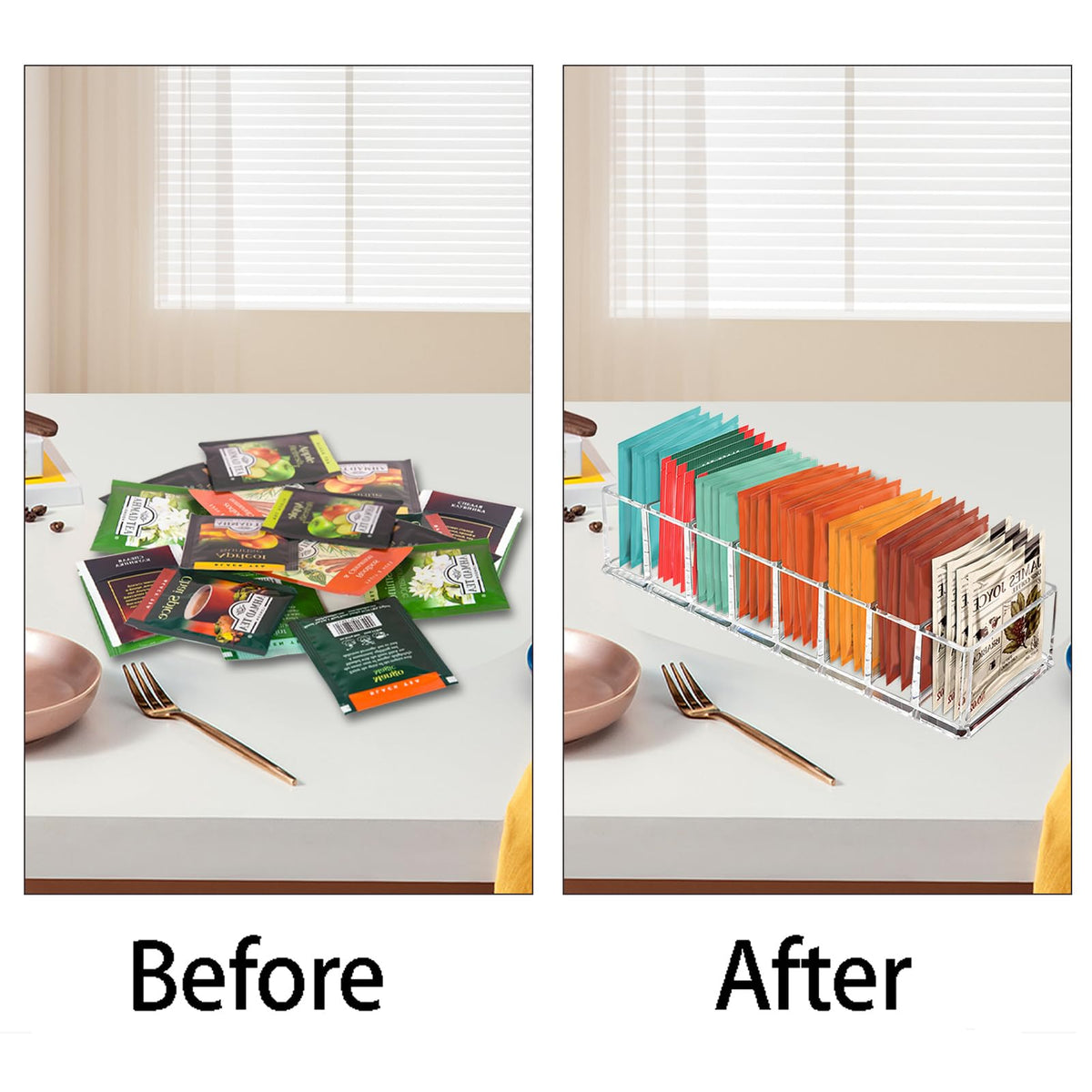 Side view of compact Tasybox tea bag organizer on a shelf