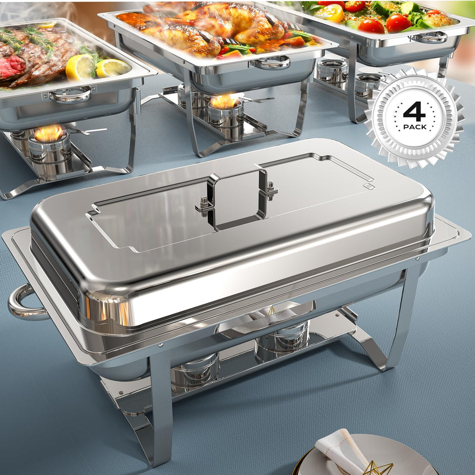 Tatakoii buffet chafing dishes with mirror polish for upscale presentation.