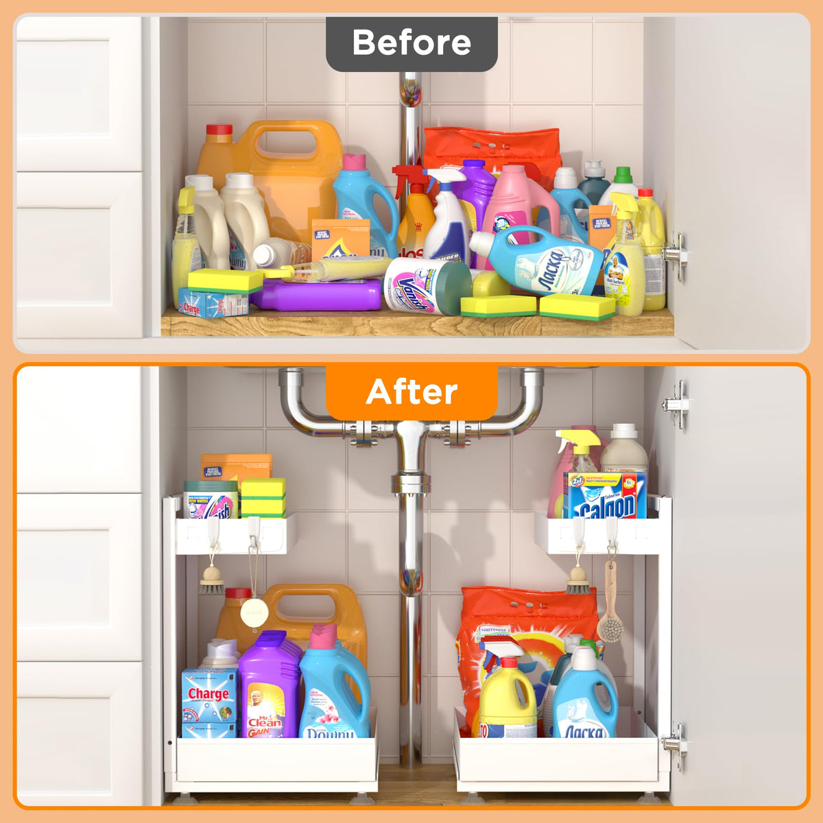 TATAANTY sliding bottom tray enables easy access to cleaners and bottles.