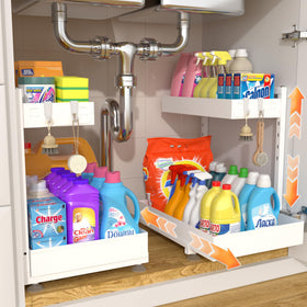 TATAANTY under-sink organizer two-tier saves space in kitchen and bath.