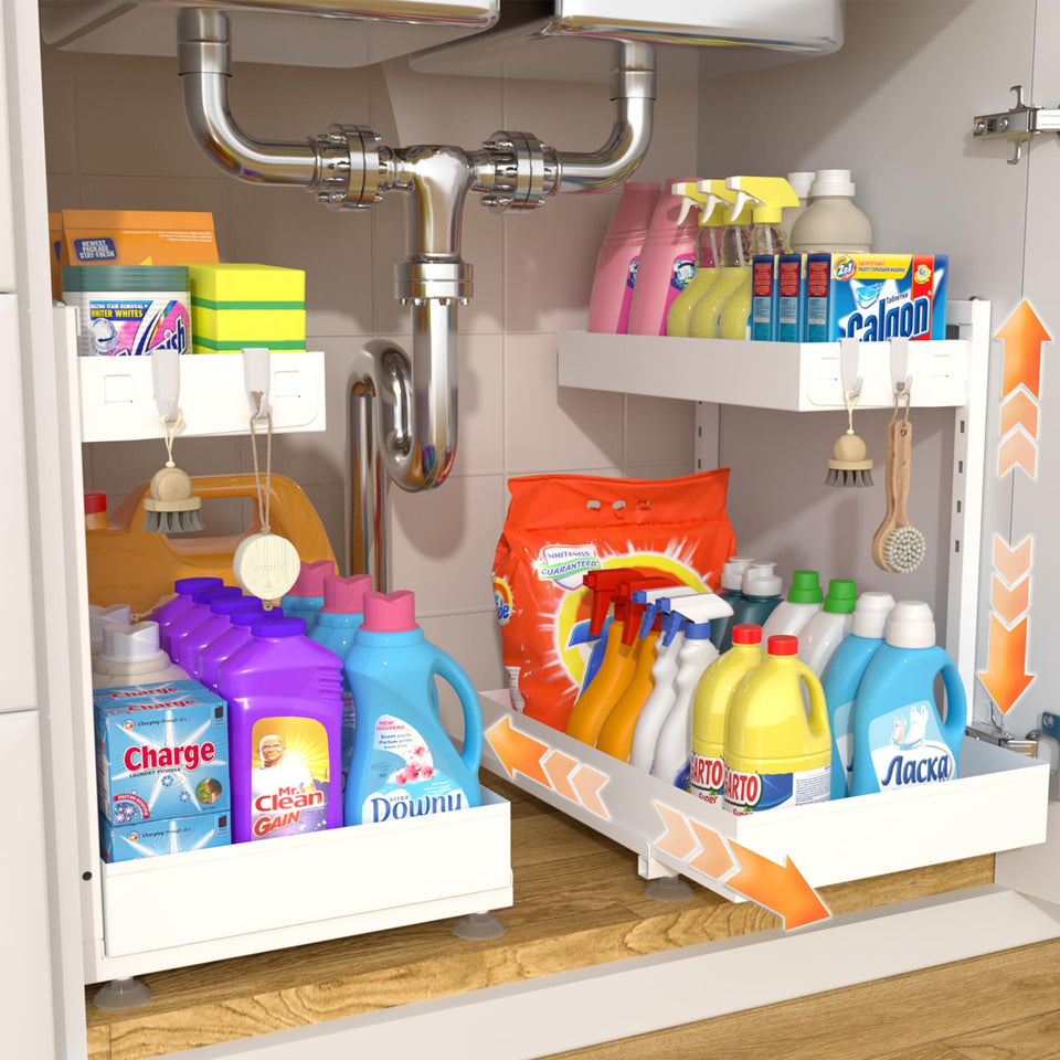 TATAANTY under-sink organizer two-tier saves space in kitchen and bath.