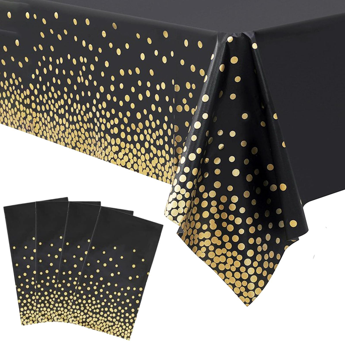 Tatibana black-gold tablecloth on a 54x108 inch table creates a stylish event setup.