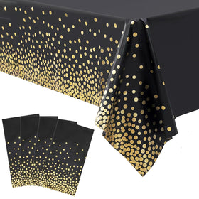 Tatibana black-gold tablecloth on a 54x108 inch table creates a stylish event setup.