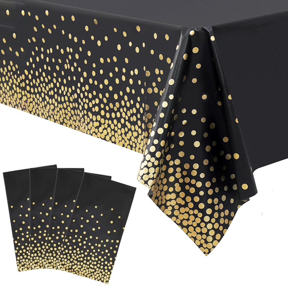 Tatibana black-gold tablecloth on a 54x108 inch table creates a stylish event setup.
