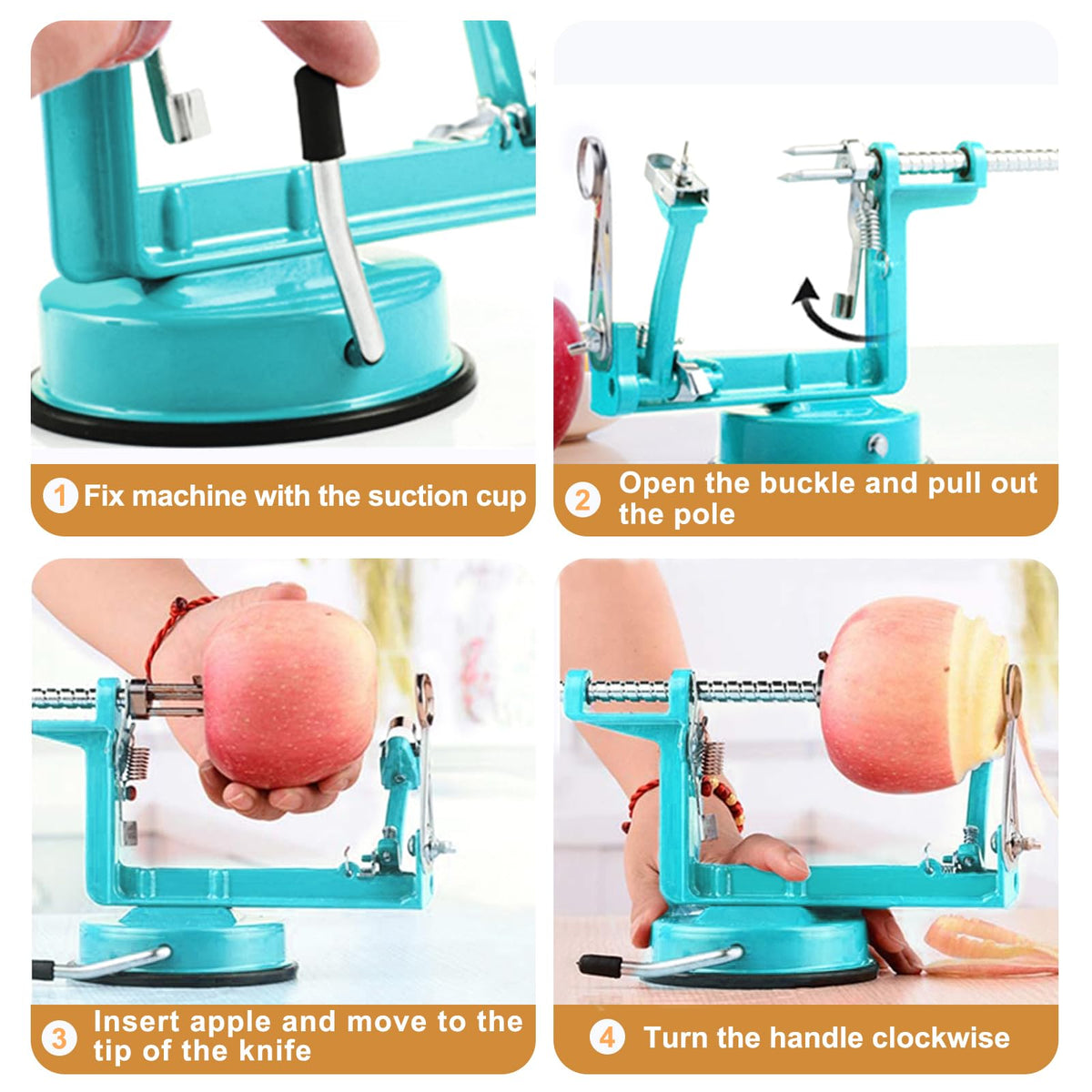 All-in-one 5-function operation demonstrated for peeling, coring, and slicing