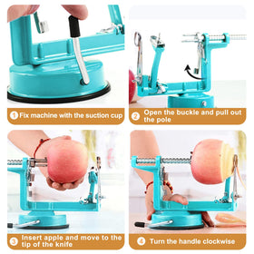 All-in-one 5-function operation demonstrated for peeling, coring, and slicing