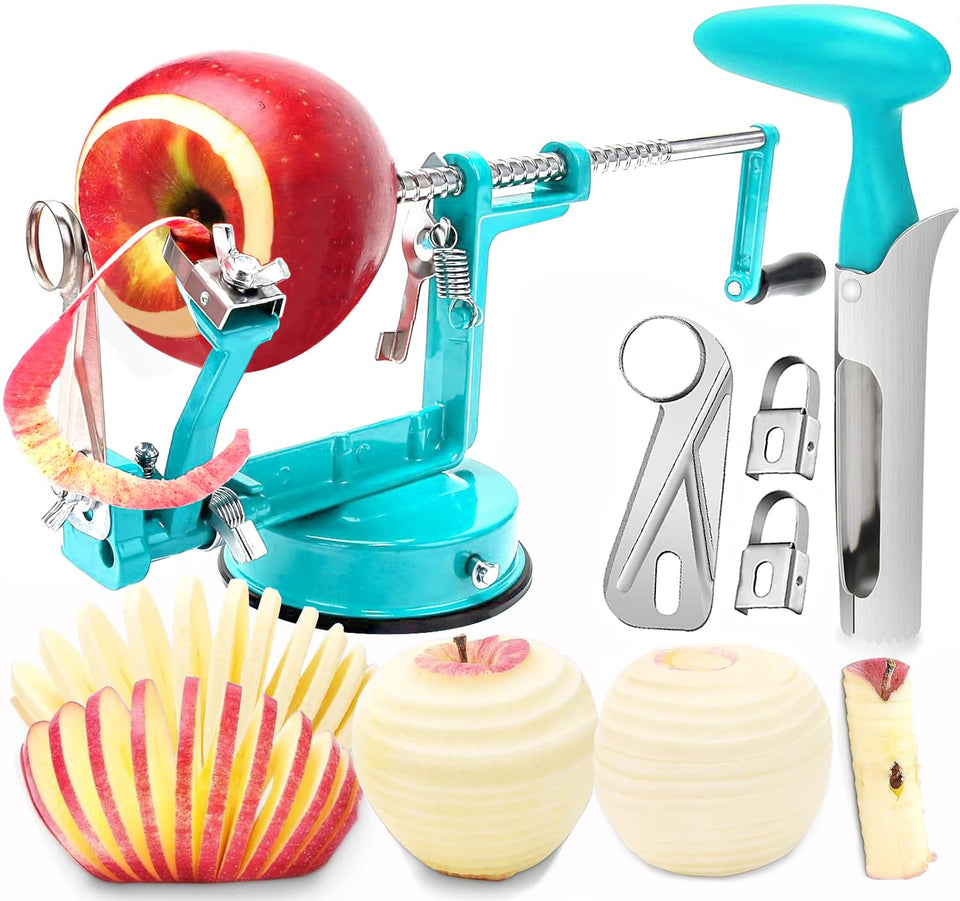 Tatida Apple Peeler Corer in teal, front view showing compact design