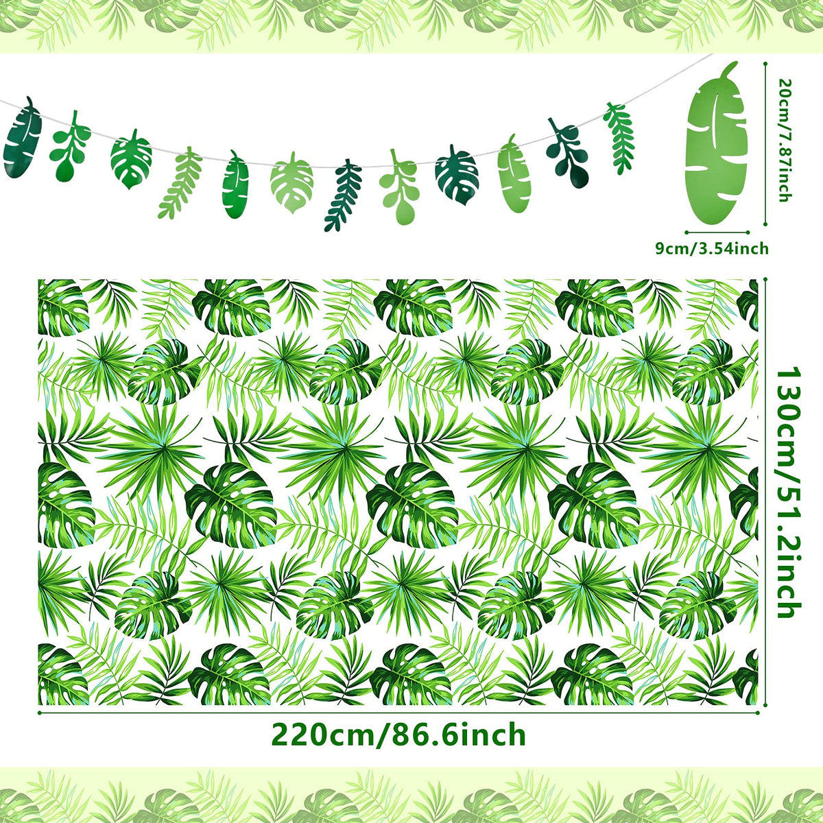 Tatuo Hawaii green leaves tablecloth close-up shows sturdy PE material.
