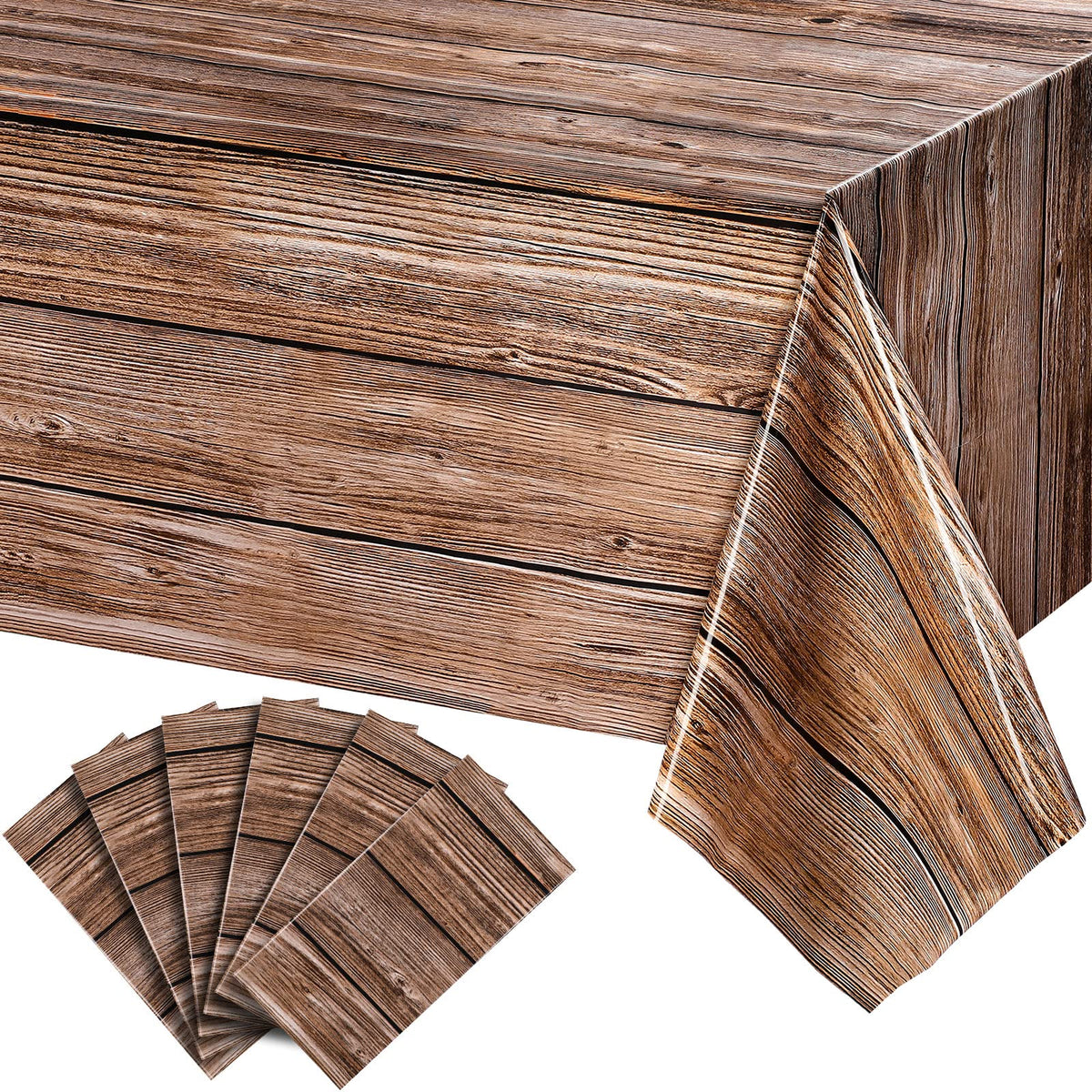 Tatuo wood grain tablecloth in natural brown protects 54x108 inch tables with rustic charm.