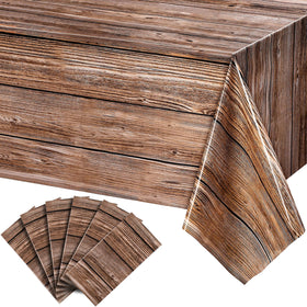 Tatuo wood grain tablecloth in natural brown protects 54x108 inch tables with rustic charm.