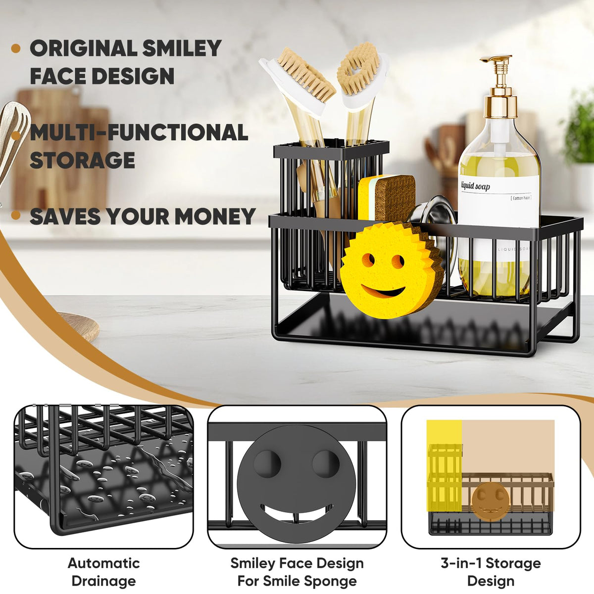 Taugast sink caddy with removable brush holder stores soaps and brushes neatly.