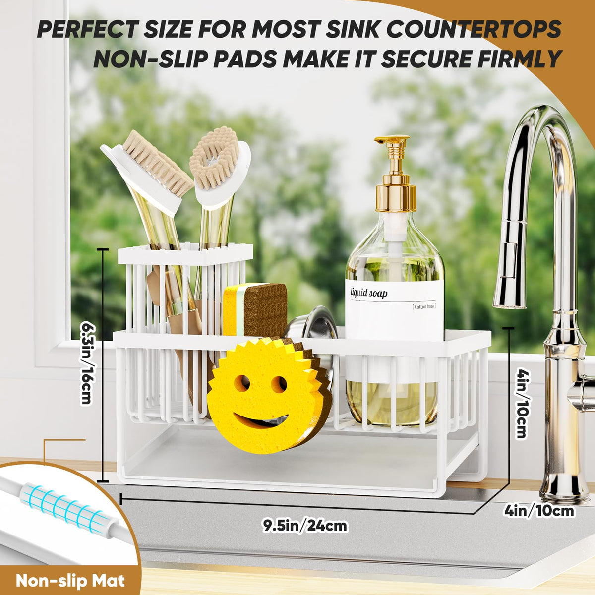 Taugast smiley sink caddy with a removable brush holder for easy cleaning.