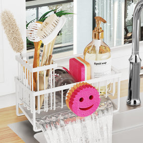 Taugast smiley sink caddy top view shows compact, tidy setup for sponges and soap.