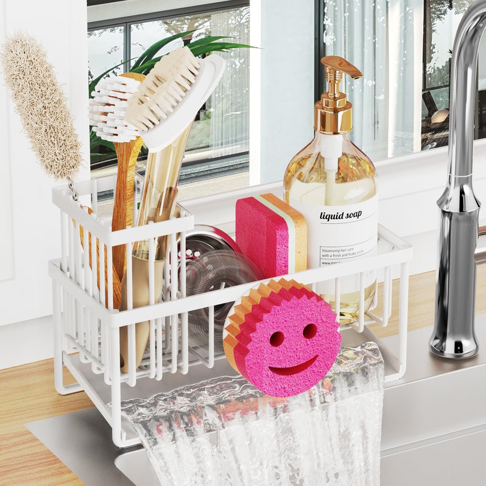 Taugast smiley sink caddy top view shows compact, tidy setup for sponges and soap.