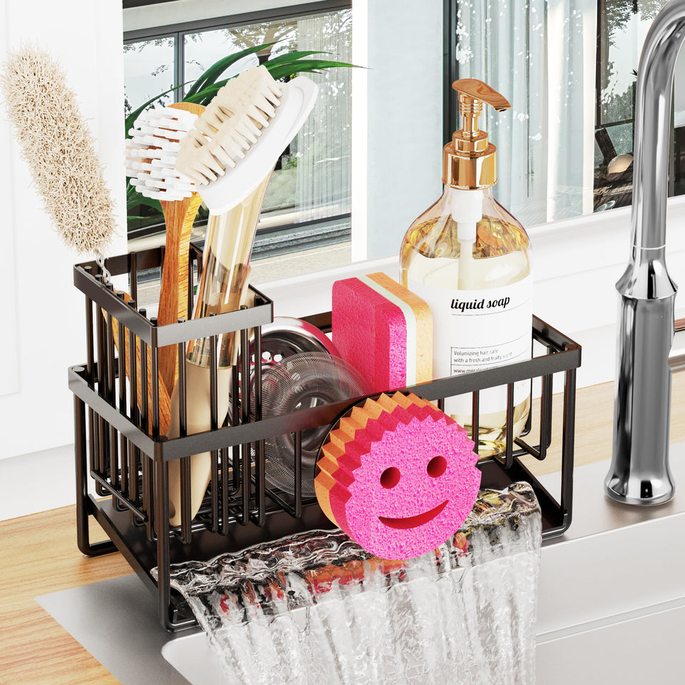 Taugast sponge holder with kitchen sink smiley face keeps sponges dry and accessible.