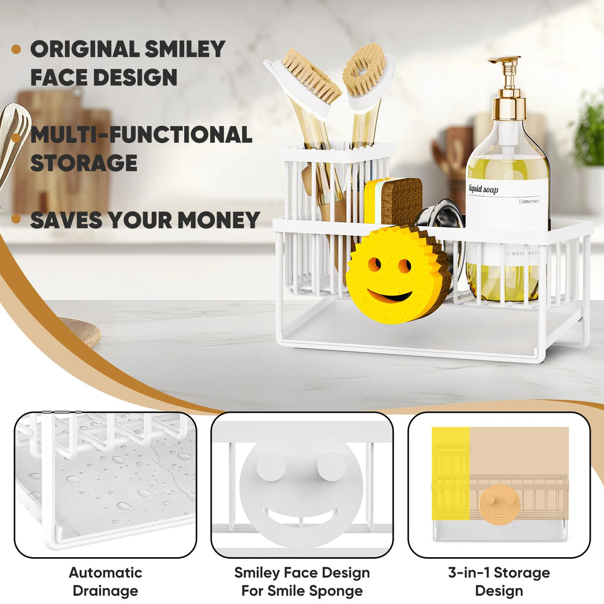 Taugast sponge holder with self-draining design keeps countertops dry.